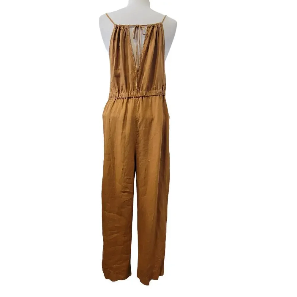 Everlane Linen Sleeveless Spaghetti Strap Open Back Mustard Orange Pant Jumpsuit